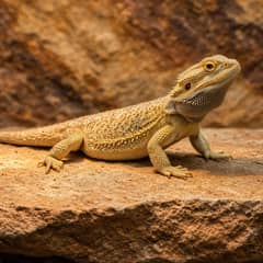 Bearded dragon basking on a flat stone under a heat lamp