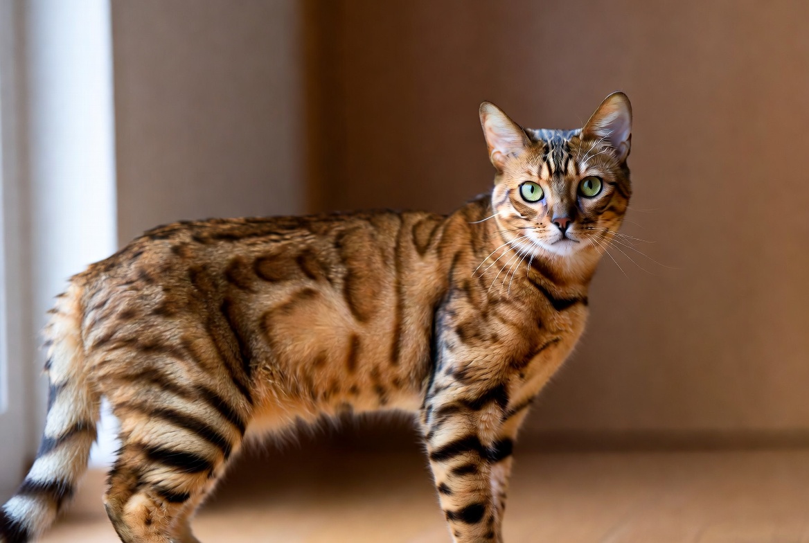 Bengal cat with rosetted coat standing alert on a wooden floor
