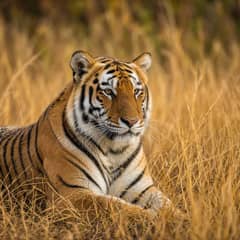 Adult tiger walking through tall grass with its head low and eyes forward