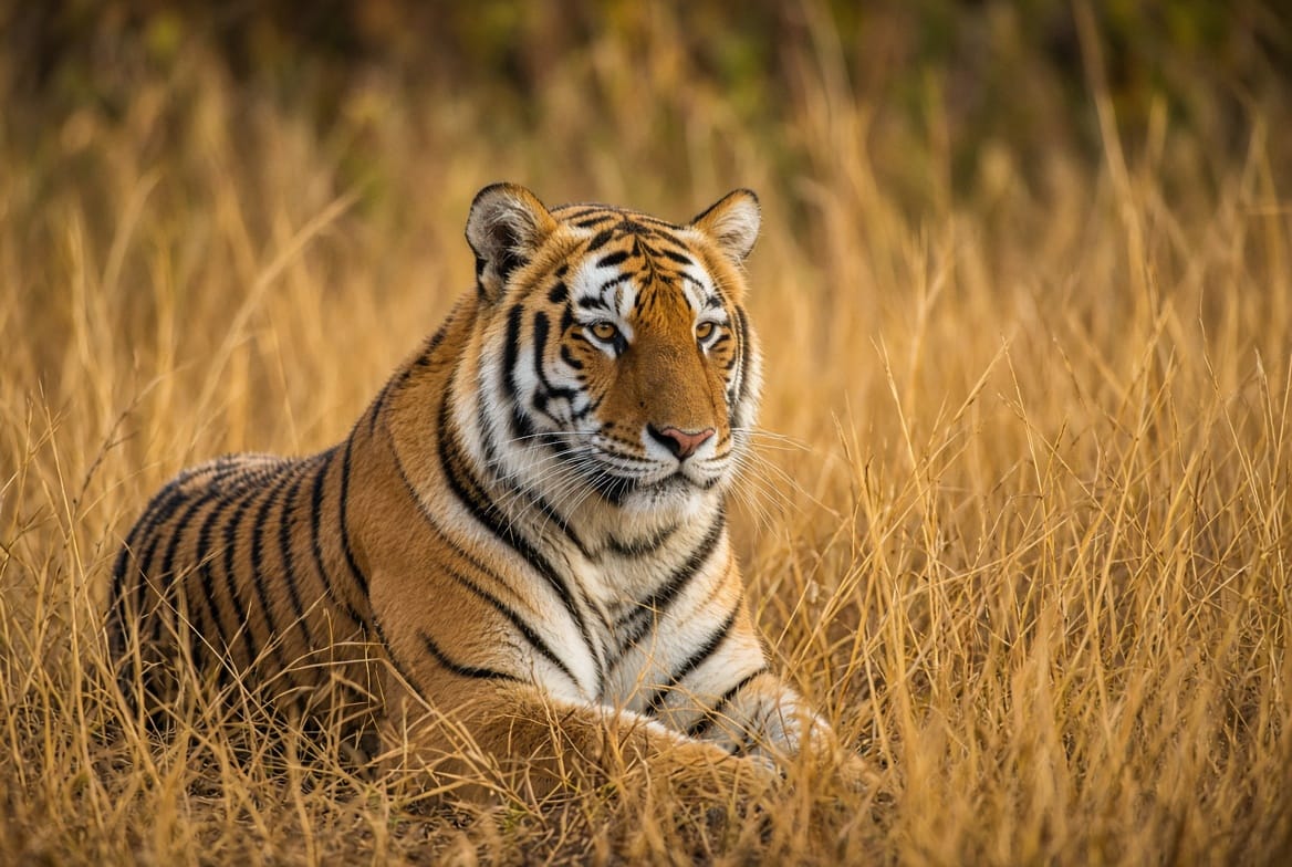 Adult tiger walking through tall grass with its head low and eyes forward