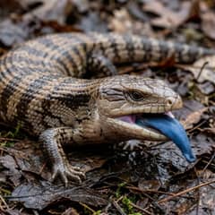 Blue-tongued skink with its tongue extended, showing the blue coloration it is named for