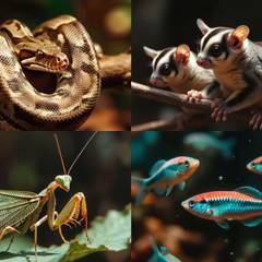 Boa constrictor, sugar glider, praying mantis, and neon tetra shown side by side