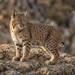 Bobcat standing on a rock with its tufted ears, spotted coat and short tail in clear view
