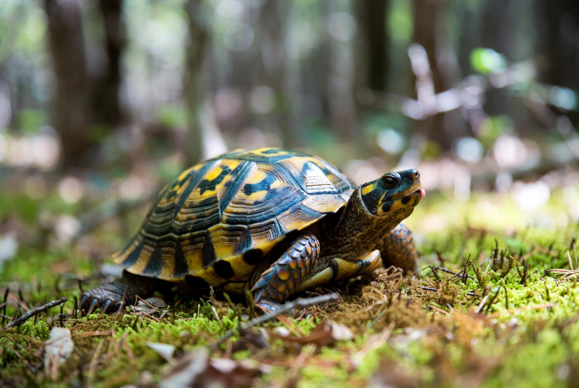 Eastern box turtle on a forest floor