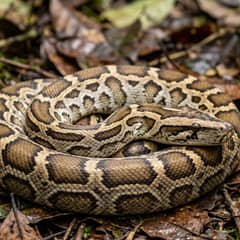 Coiled Burmese python showing its patterned tan and brown markings