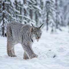 Canada lynx standing in snow with its long ear tufts, gray winter coat and broad furred paws in clear view