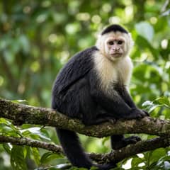 White-faced capuchin monkey perched on a branch with its pale face and dark cap turned toward the camera