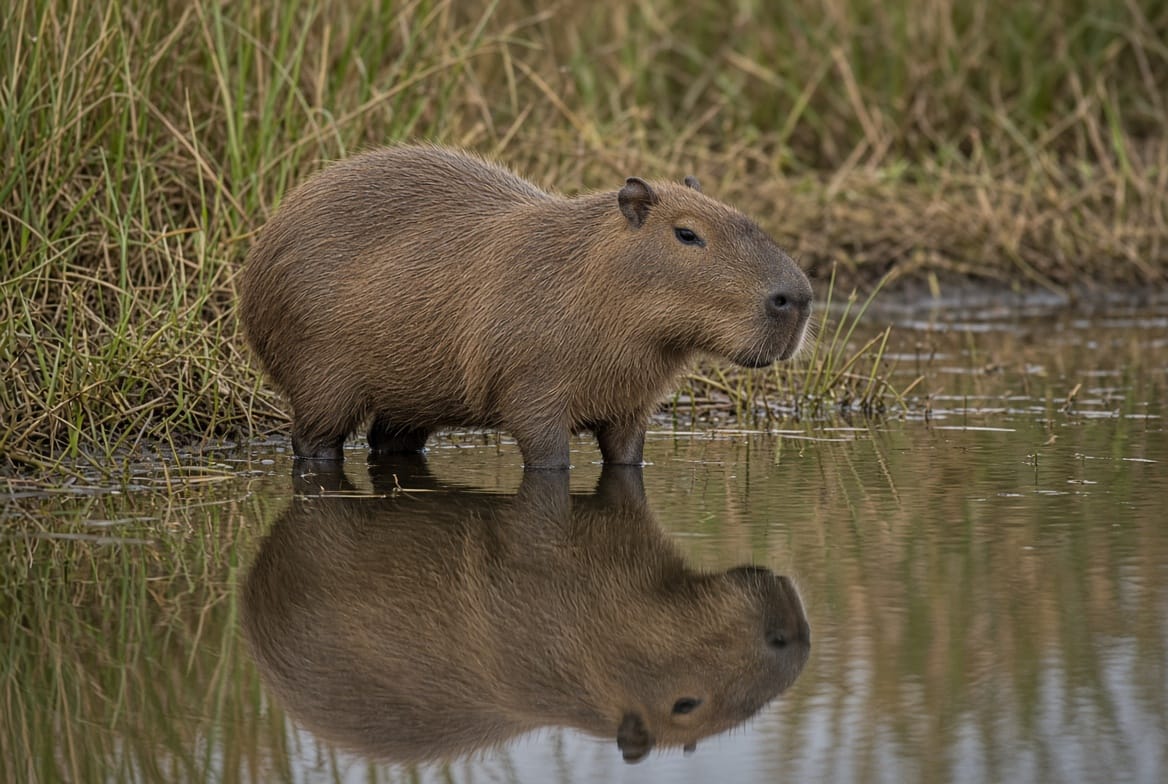 Adult capybara resting at the edge of shallow water with reeds behind it