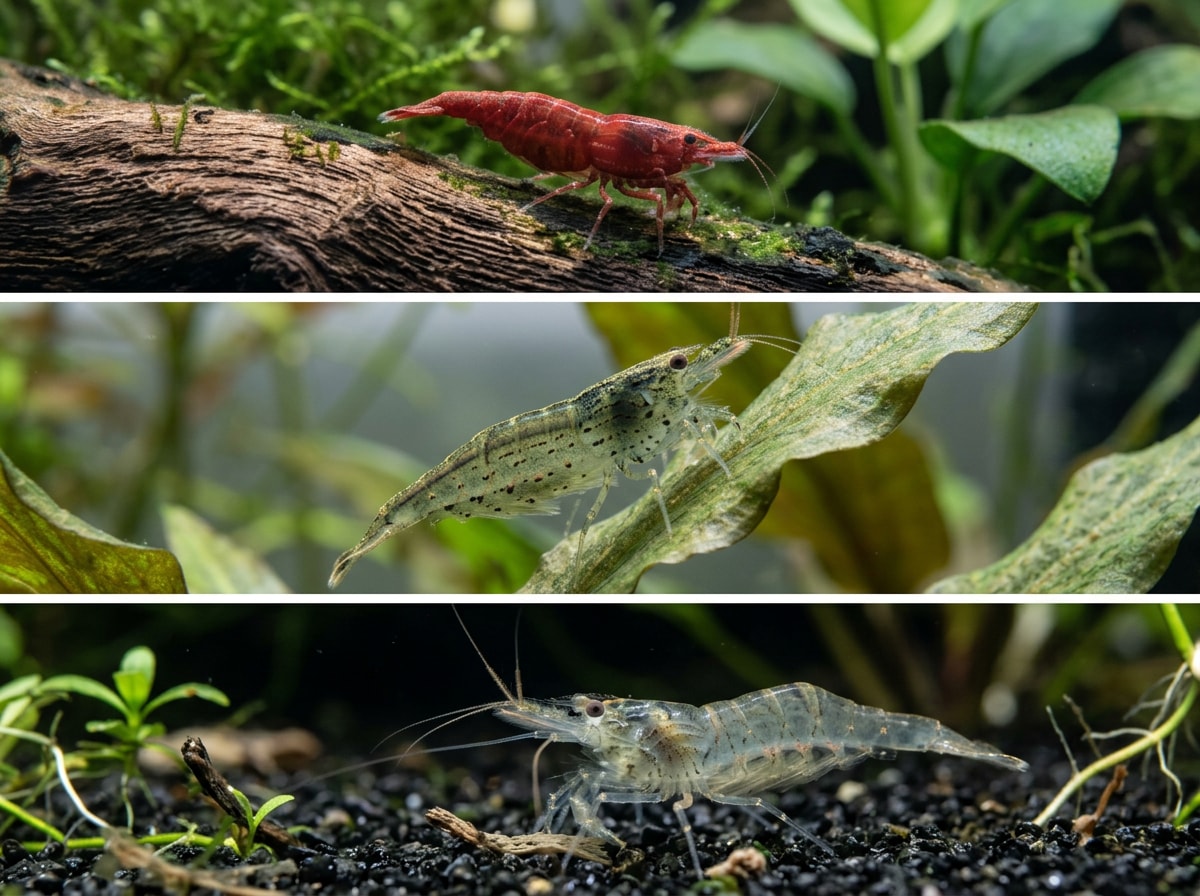Grid of a cherry shrimp, an Amano shrimp, and a ghost shrimp in planted freshwater tanks