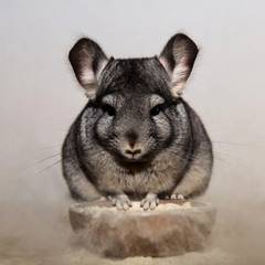 Pet chinchilla taking a dust bath