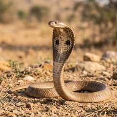 Spectacled cobra with its hood spread on dry cracked ground
