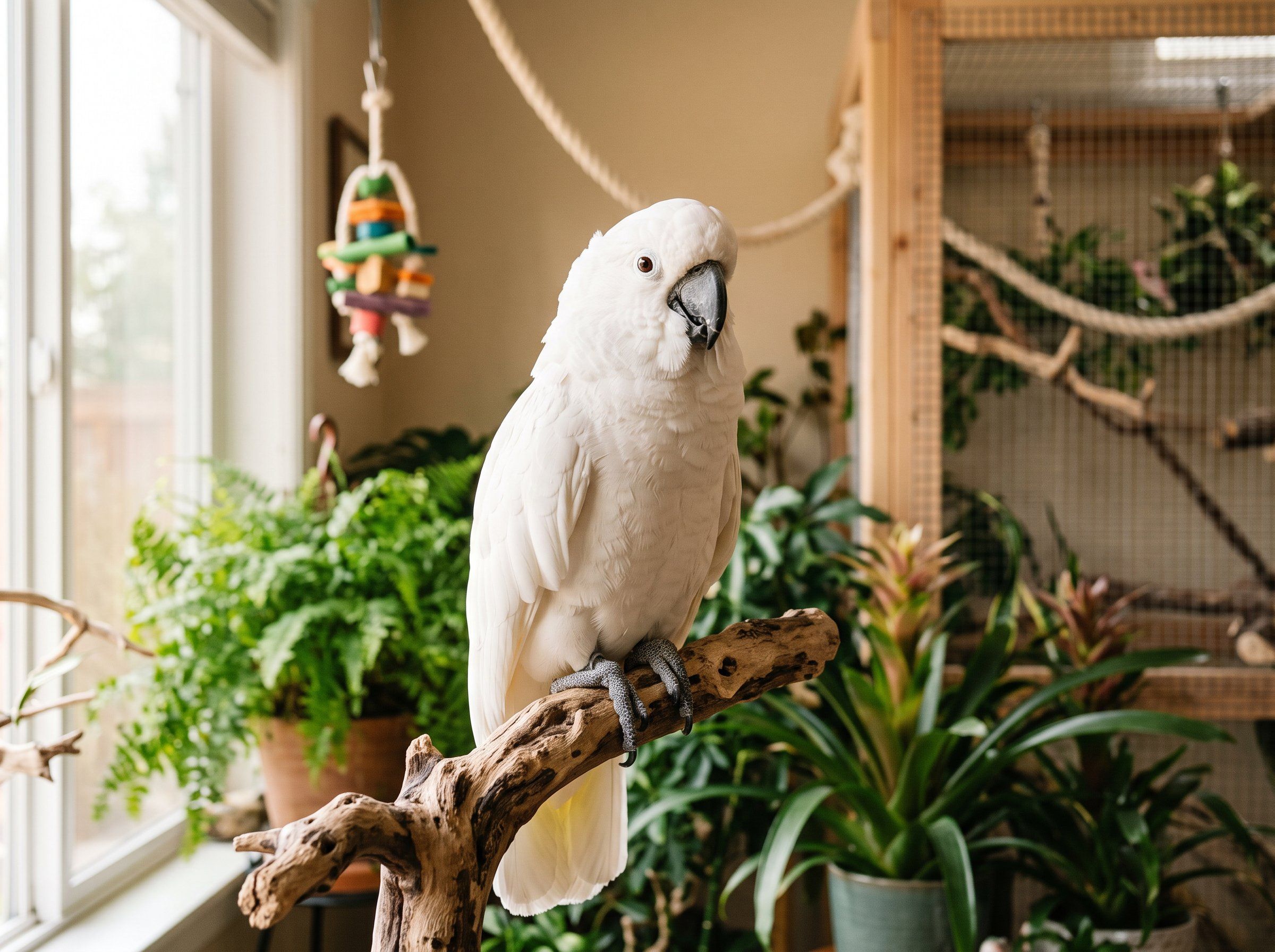Umbrella cockatoo perched calmly on a natural wood stand