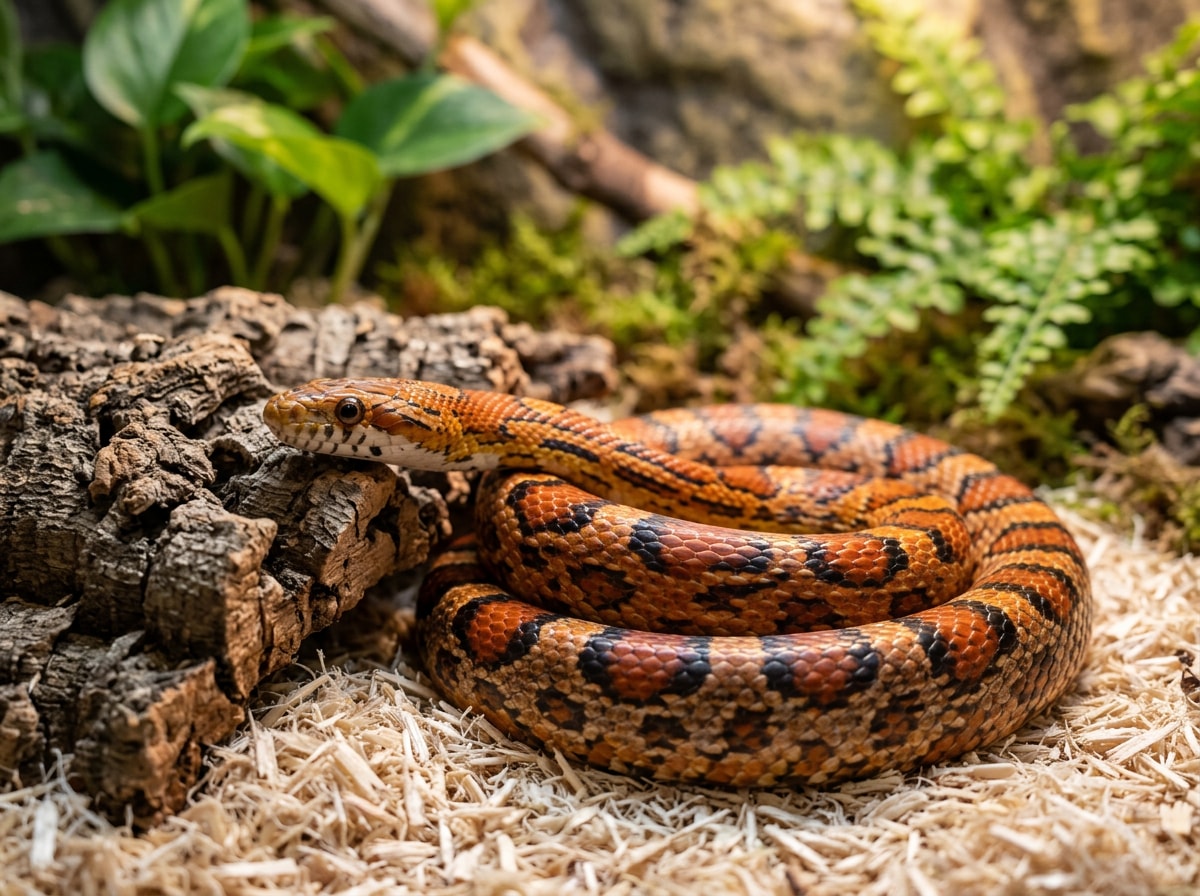 Corn snake with its distinctive orange and black blotched pattern