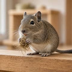 Degu sitting on a wooden ledge holding forage in its forepaws
