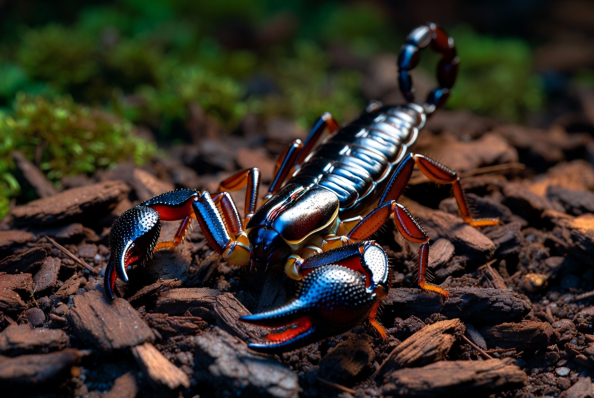 Emperor scorpion on bark chips with its heavy granular pincers forward and tail curled over its back