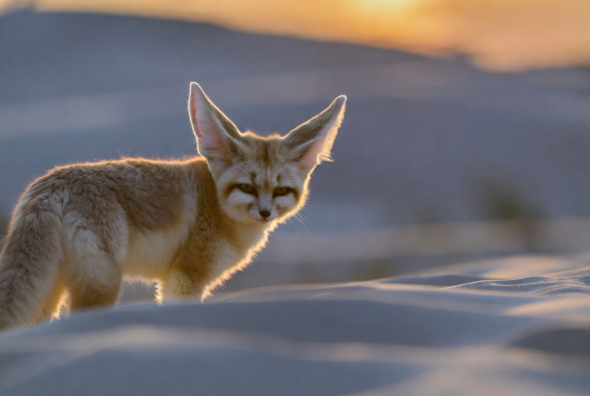 Fennec fox standing on a pale sand dune at sunset with its oversized ears backlit