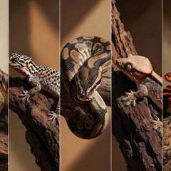 Grid of a bearded dragon, leopard gecko, ball python, crested gecko, and corn snake