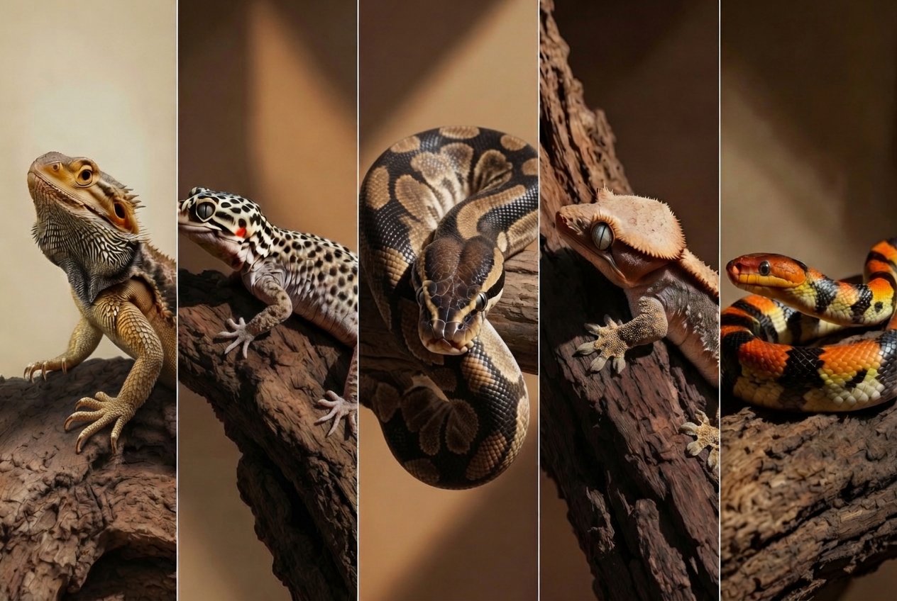 Grid of a bearded dragon, leopard gecko, ball python, crested gecko, and corn snake