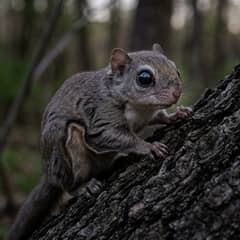 Southern flying squirrel clinging to bark at night, its large dark eyes and outstretched patagium skin fold visible