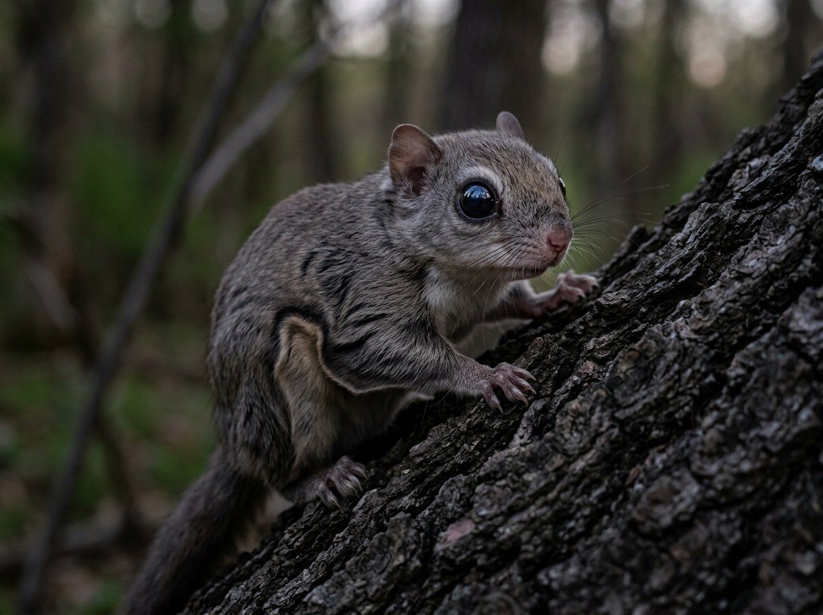 Southern flying squirrel clinging to bark at night, its large dark eyes and outstretched patagium skin fold visible