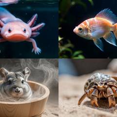 Grid of an axolotl, goldfish, chinchilla, and hermit crab