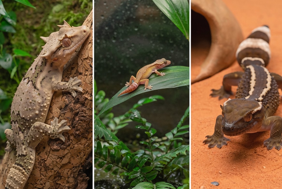 Gargoyle gecko, mourning gecko, and African fat-tailed gecko shown side by side
