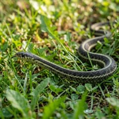 Common garter snake moving through grass