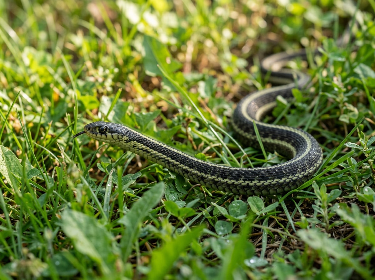 Common garter snake moving through grass