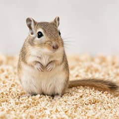 Mongolian gerbil standing upright on deep bedding