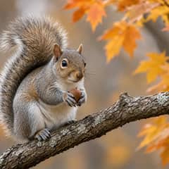 Eastern gray squirrel sitting on a branch holding an acorn among autumn leaves
