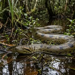 Green anaconda half submerged in dark swamp water with its head and olive back above the surface