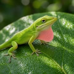 Green anole with extended pink dewlap perched on a leafy branch