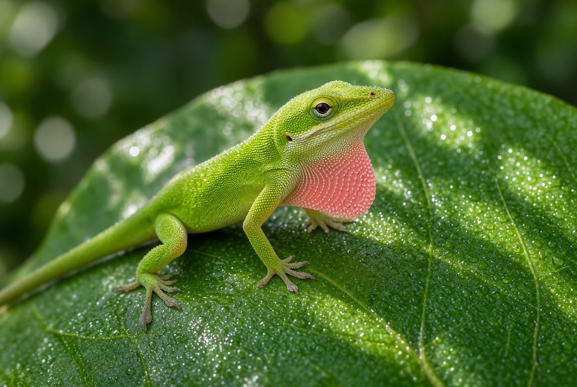 Green anole with extended pink dewlap perched on a leafy branch