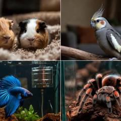 Grid of a guinea pig, cockatiel, betta fish, and tarantula
