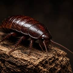 Madagascar hissing cockroach on bark, its glossy segmented back lit from one side