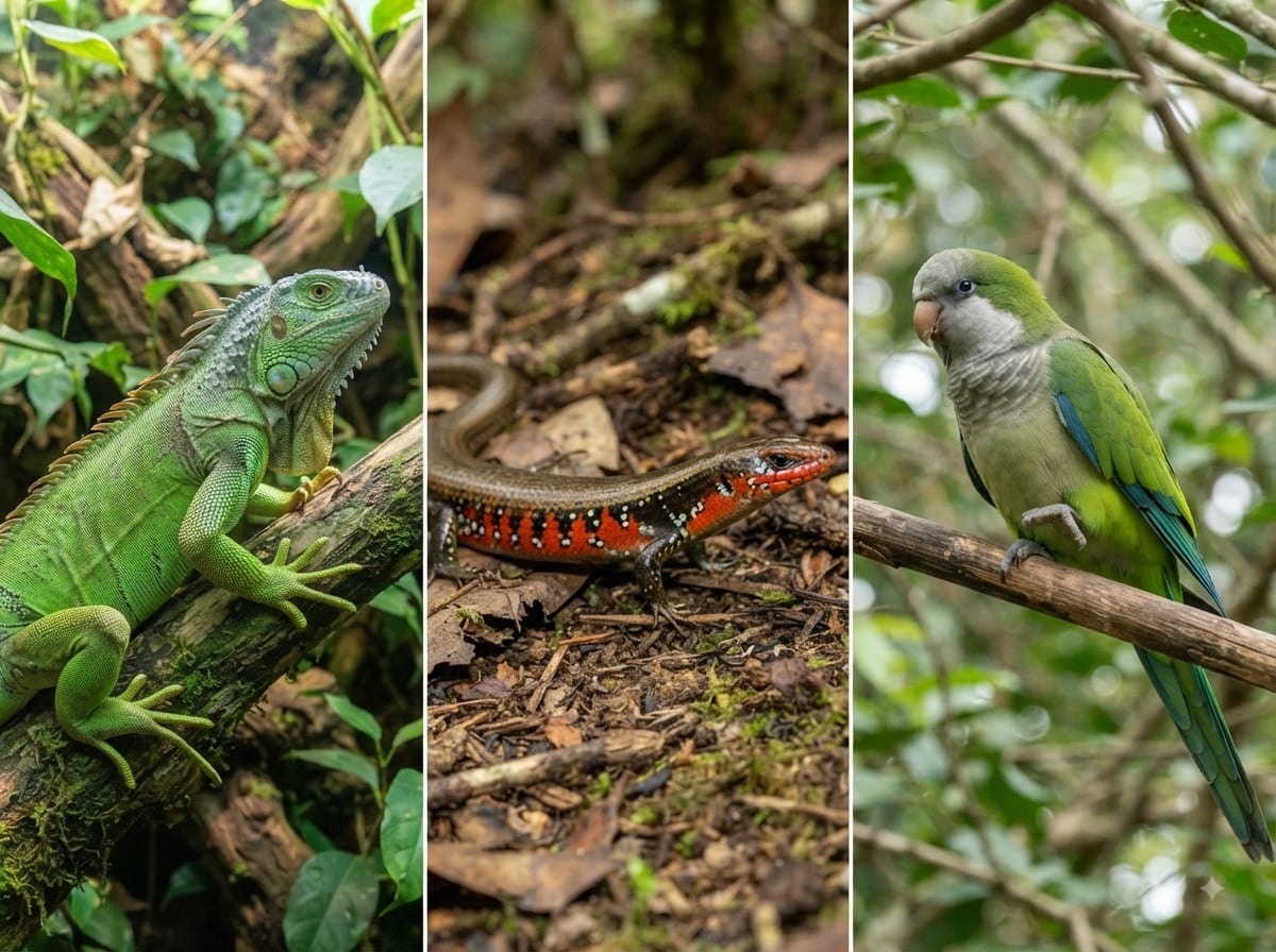 Green iguana, fire skink, and Quaker parakeet shown side by side