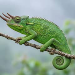 Male Jackson's chameleon in profile on a branch, all three horns visible