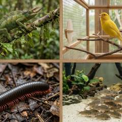 Jackson's chameleon, canary, giant millipede, and corydoras catfish shown side by side