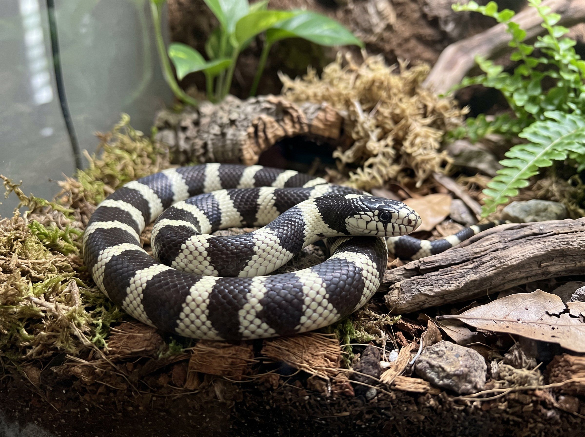 California kingsnake coiled in its enclosure, showing its banded pattern