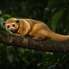 Kinkajou clinging to a branch at night with its prehensile tail wrapped around the limb and its large dark eyes toward the camera