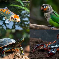 Koi, green cheek conure, red-eared slider, and emperor scorpion shown side by side