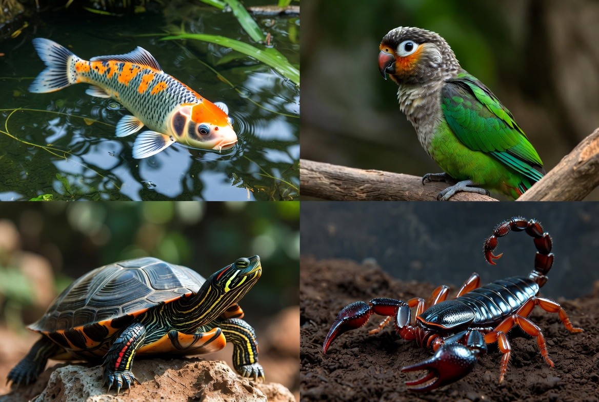 Koi, green cheek conure, red-eared slider, and emperor scorpion shown side by side