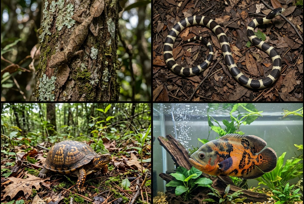 Leaf-tailed gecko, California kingsnake, box turtle, and oscar fish shown side by side