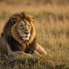 Maned male lion lying on a grassy savanna rise with its head raised and the plain falling away behind it