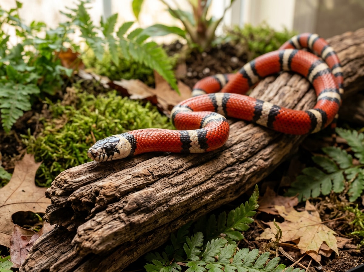 Milk snake showing its red, black, and white banded pattern