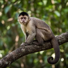 Capuchin monkey with a pale face and dark cap sitting on a branch and looking at the camera