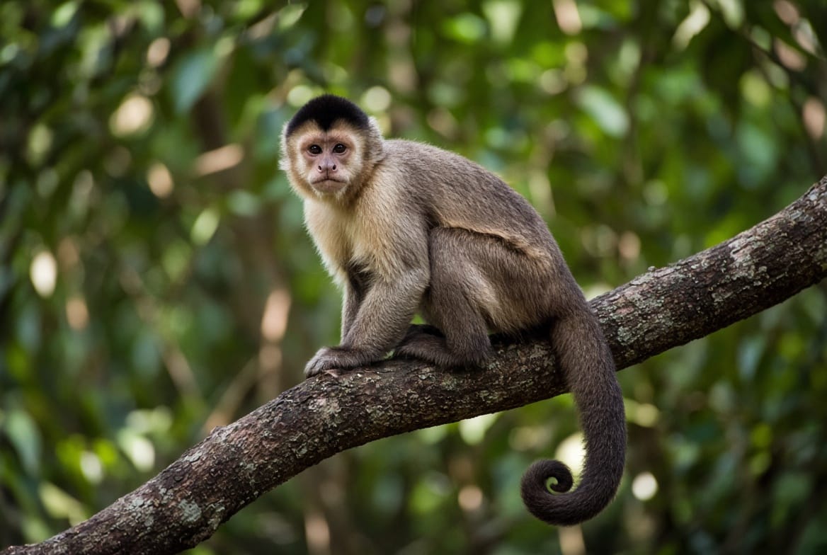 Capuchin monkey with a pale face and dark cap sitting on a branch and looking at the camera