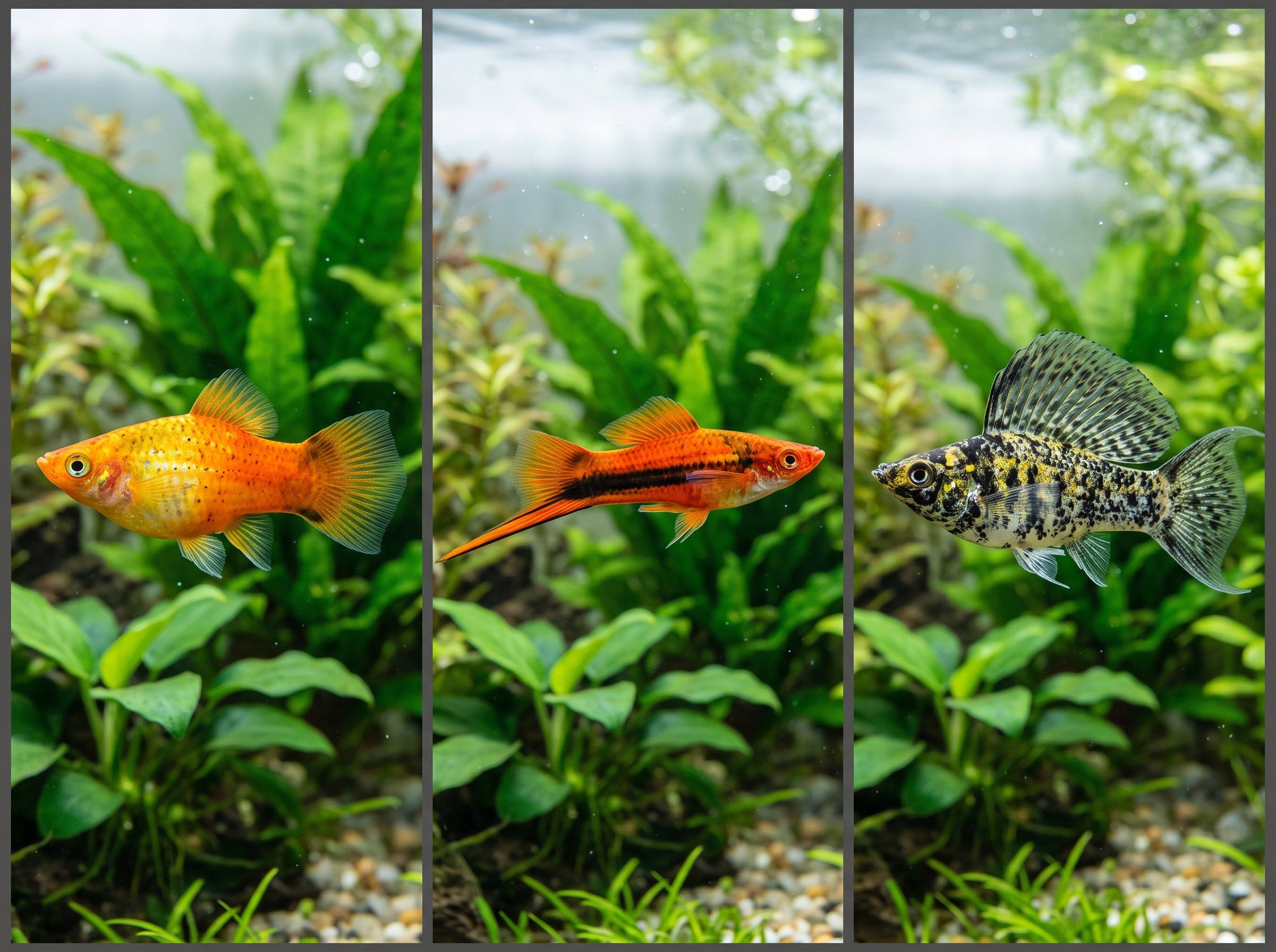 Grid of a platy, swordtail, and molly fish