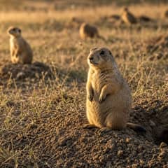 Black-tailed prairie dog standing upright at a burrow entrance on short-grass prairie