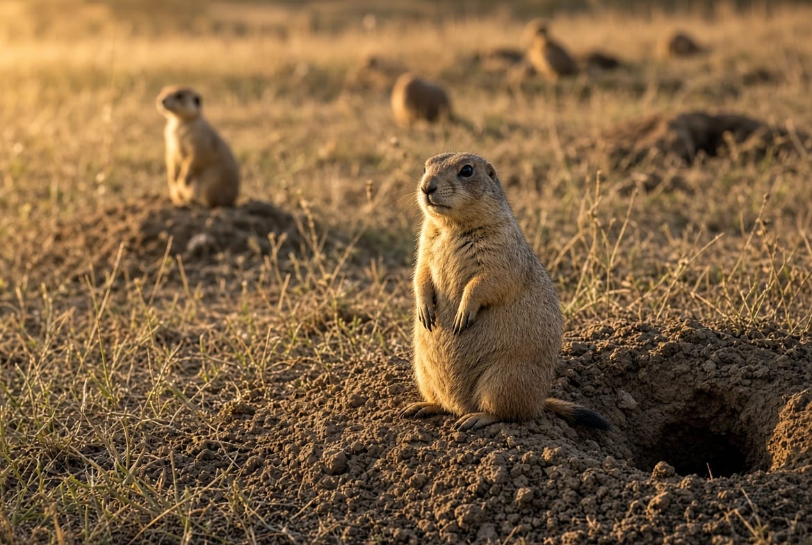Black-tailed prairie dog standing upright at a burrow entrance on short-grass prairie